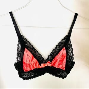 NEW LOVE HAUS REVOLVE Black Lace Neon Pink Satin Triangle Bra Bralette Top XS